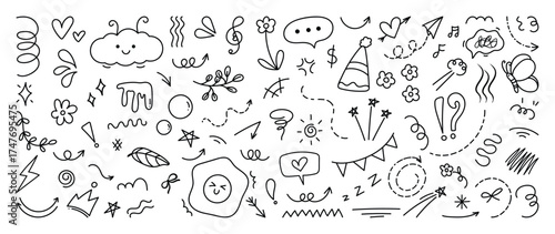Cute doodle celebration elements vector set with hand drawn flowers, hearts, clouds, party hats, butterflies, sparkles and playful sketch icons. Lovely design for backgrounds, packaging and creative g