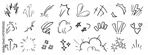 Comic doodle effect elements vector set with hand drawn explosions, clouds, lightning, motion lines, exclamation marks and expressive sketch icons. Perfect design for backgrounds, packaging and creati