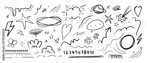 Cute doodle and comic elements vector set with hand drawn clouds, stars, hearts, lightning, planets, arrows and expressive sketch icons. Fun design for backgrounds, packaging and creative illustration