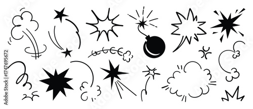 Comic doodle effect elements vector set with hand drawn explosions, clouds, lightning, motion lines, exclamation marks and expressive sketch icons. Perfect design for backgrounds, packaging and creati