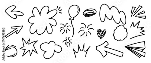 Hand drawn comic element vector set doodle explosion arrow balloon heart decoration illustration