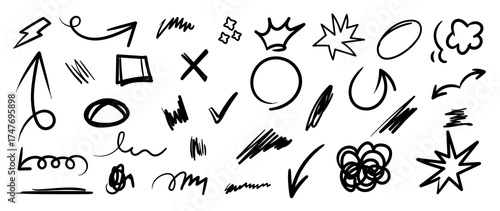 Arrow Hand drawn black doodle elements vector set with bold sketch icons and simple decorative symbols. Perfect design for note decoration, packaging, backgrounds and creative projects.