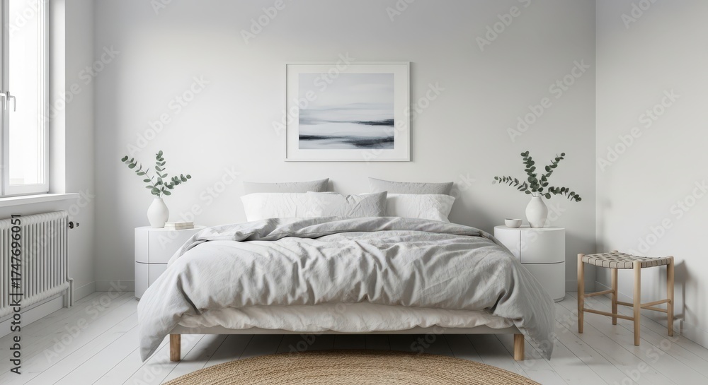 Fototapeta premium Minimalist bedroom interior with white walls, a comfortable bed, and simple decor, creating a serene atmosphere