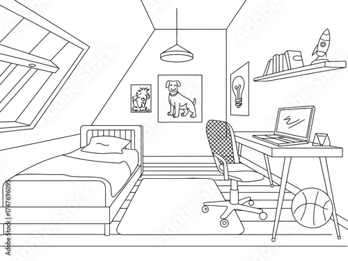 Scalable vector line drawing illustration of a modern bedroom interior design with desk and bed vector