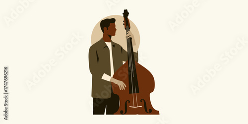 Jazz musician playing upright bass in a circular frame with a light beige background