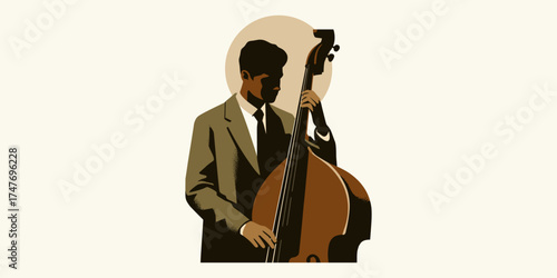Stylized Illustration of a Man Playing the Double Bass in a Vintage Aesthetic