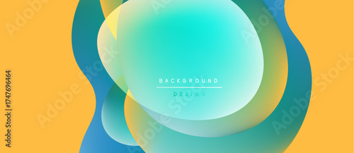 Abstract fluid shapes overlap, creating vibrant color gradients. Yellow background complements turquoise, blue hues. Modern design element.