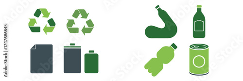 Set of minimalist recycling symbols and green bottles vector illustration vector