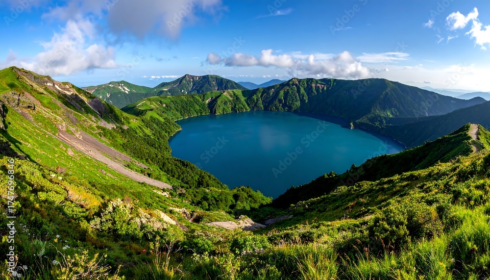 Fototapeta premium Scenic panorama showcasing a pristine caldera lake surrounded by lush green hills
