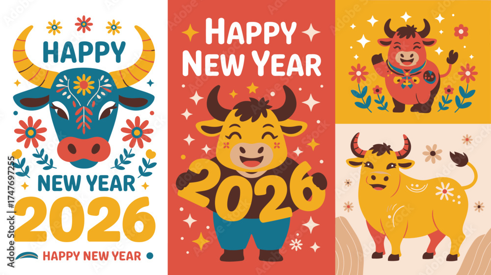 Obraz premium Happy New Year 2026 Festive Cartoon Bull Illustrations with Flowers and Starry Backgrounds Celebrating the Year of the