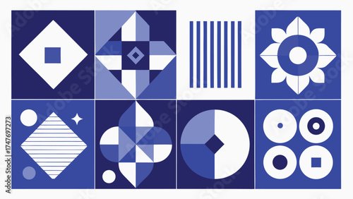 A set of four unique abstract artworks in blue and black, each with its own intricate design..eps