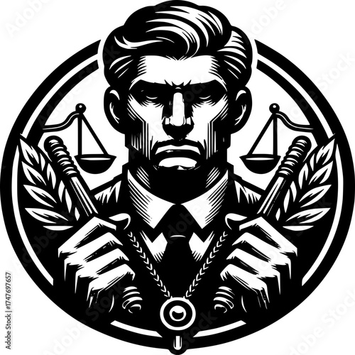 Law Enforcement Icon: A stern emblem featuring a distinguished figure with a composed gaze, embodying justice, law, and order, a symbol for those working in law, justice, and the judiciary.
