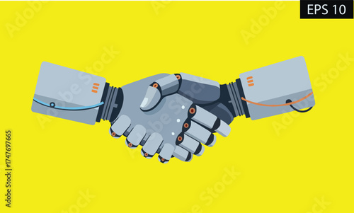 Two robotic hands shaking in a gesture of agreement, symbolizing collaboration between artificial intelligence and technology