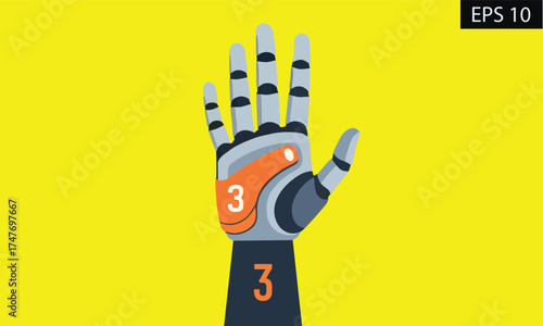 Robotic hand with number 3 on fingers and forearm against a vibrant yellow background, symbolizing advanced technology and artificial intelligence