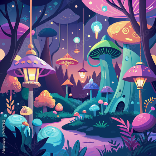 Fairy tale castle and forest with magical houses illustration