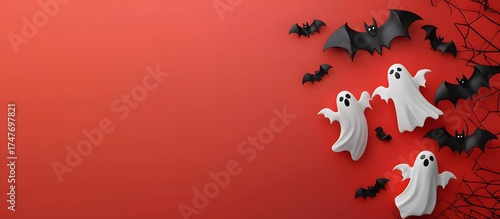 Happy Halloween. Ghosts and bats on a plain background, copy space.