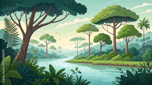 Flat minimal cartoon of Amazon forest with green trees, flat shapes, calm river, tropical plants, clean bright vector landscape