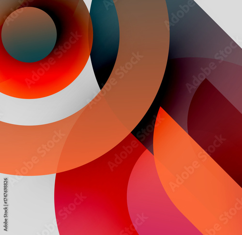 Abstract composition featuring overlapping circles, gradients. Warm reds, oranges contrast cool blues, browns. Minimalist design, modern aesthetic.