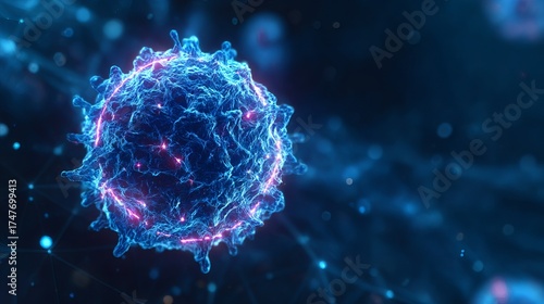 Neon particle cancer cell target, abstract vertical illustration. Blue geometric background showcases cancer screening and treatment. Medical concept, digital art.
 