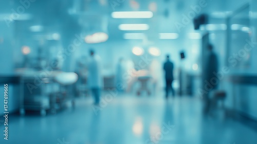Wallpaper Mural Out-of-focus hospital scene with medical gear and moving figures, presented in a light blue palette. A blurred interior suggests activity.
  Torontodigital.ca
