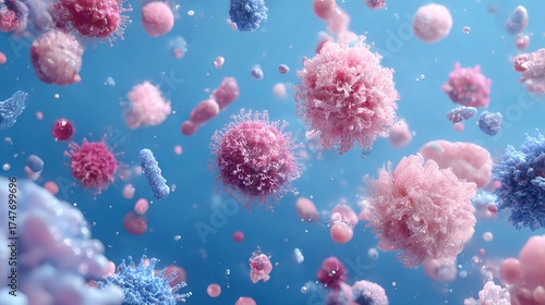 Pink and blue viruses and bacteria float against a blue backdrop, a visualization of science and medicine. A 3D rendering brings this microscopic world to life.
 