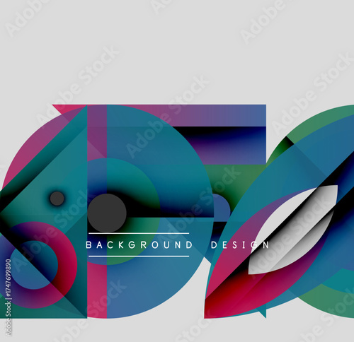 Abstract geometric shapes overlap, creating vibrant color gradients. Text reads background design. Modern visual composition.
