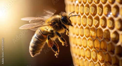 Honeybee approaches honeycomb, wings blurring, golden light highlights cells