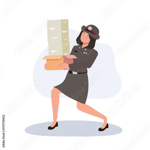Thai female police officer carrying heavy folders and boxes. representing workload and dedication in thai law enforcement job