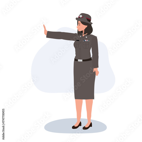 traffic policewoman in official uniform signaling stop gesture. law enforcement and road safety content