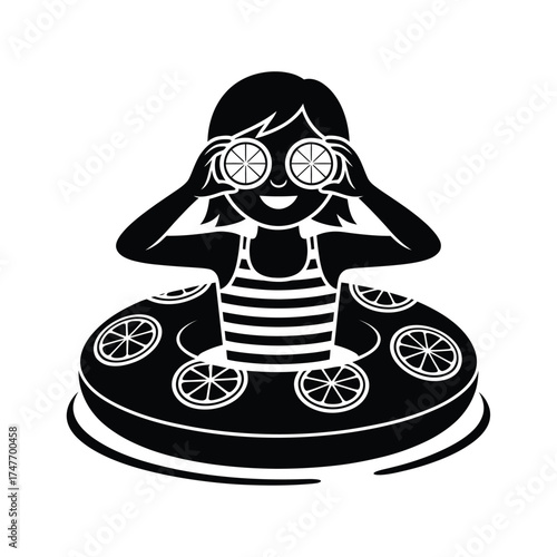 Young girl in a striped swimsuit uses binoculars while floating in an inner tube