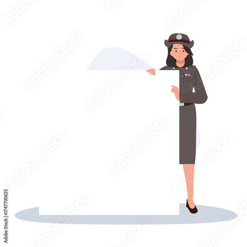 a Thai female police officer in uniform holding a blank white board or sign for public awareness and law enforcement concept