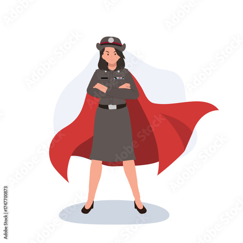 a confident thai female police officer wearing uniform and red cape representing courage leadership and justice in thailand