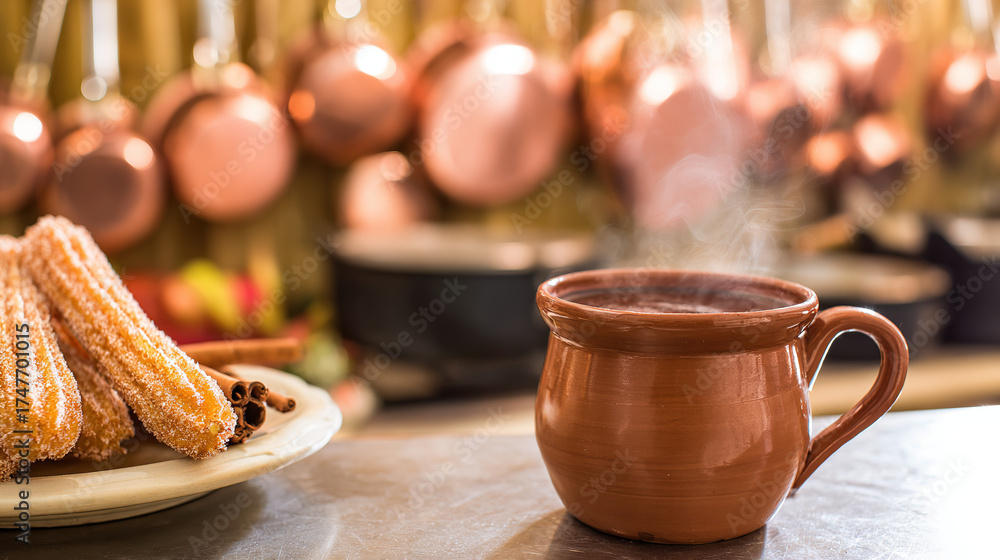 Fototapeta premium churros. A clay cup of hot chocolate with churros, capturing the warmth of Spanish National Day. menu design, packaging mockups, designed for culinary blogs and recipe cards for restaurants