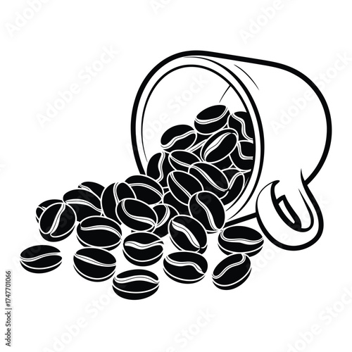 Hand drawn coffee cup spilling roasted coffee beans
