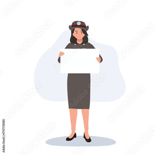 Thai policewoman in official uniform holding empty signboard, ideal for education, public service, or law enforcement concepts