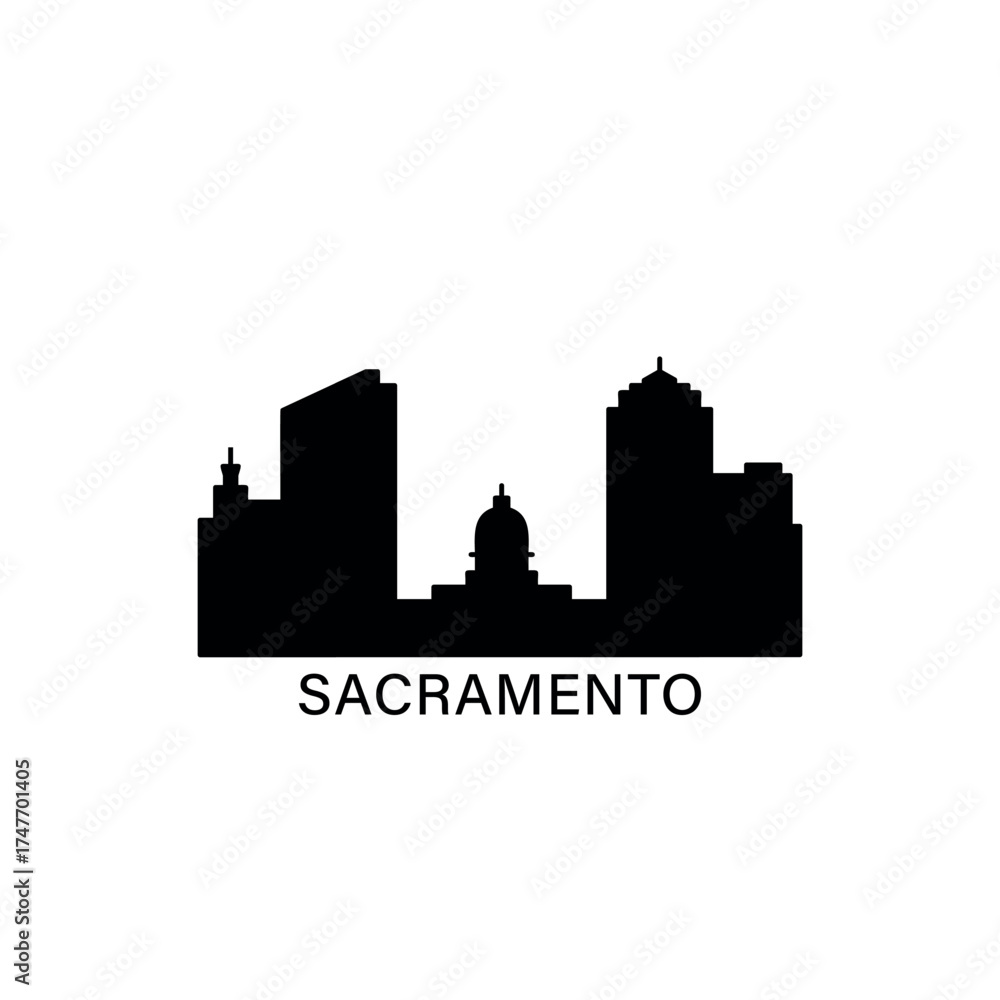 Obraz premium Sacramento skyline, horizon logo. USA California state panoramic city icon with shapes of landmarks, buildings. Isolated illustration, vector clipart