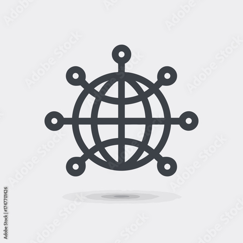 Stylized globe icon with circular nodes connected by lines representing global network connections and reach