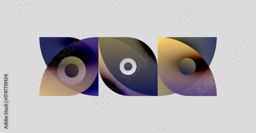 Abstract shapes overlap, creating colorful design. Gradient hues blend, forming dynamic composition. Modern aesthetic, simple background.