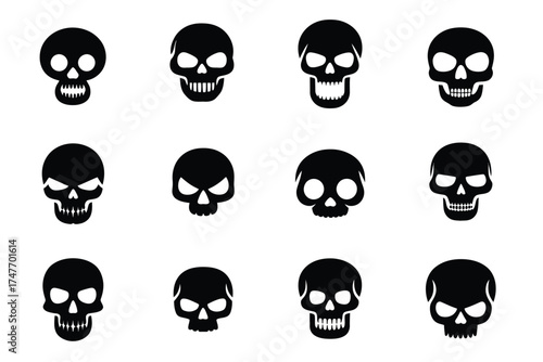 Collection of 12 black and white scalable skull vector illustrations for eps export vector