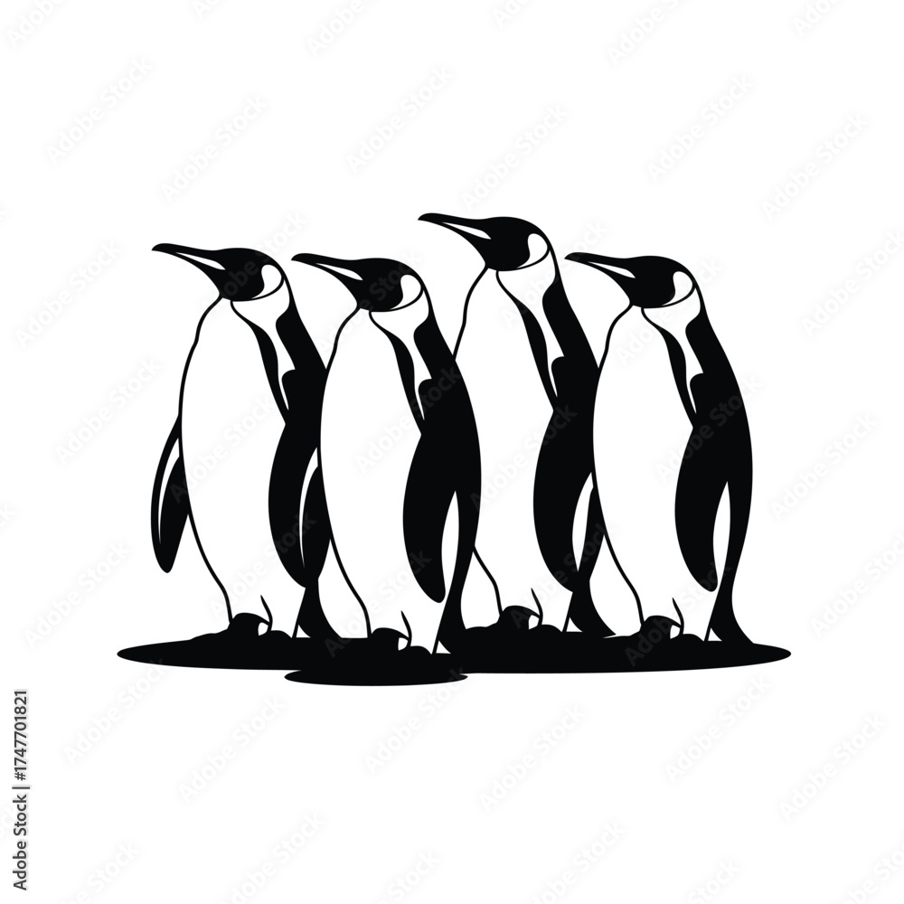 Fototapeta premium Group of five penguins standing together in a line