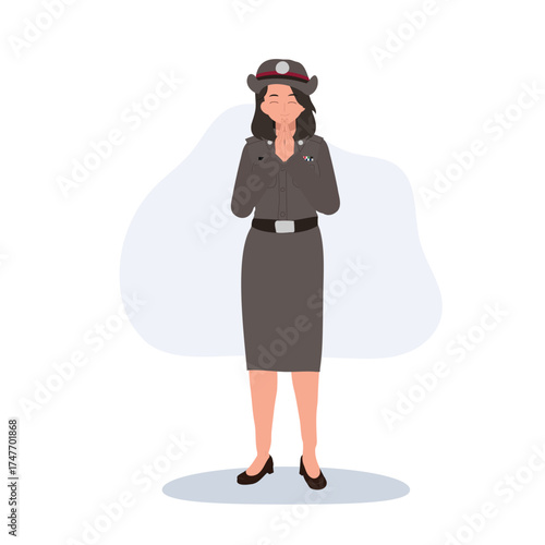 thai police woman in uniform performing wai gesture smiling female officer illustration showing thai culture and respect