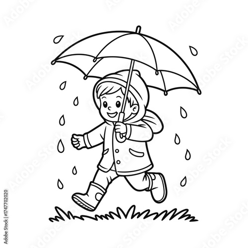 Happy child in raincoat and boots running with umbrella in the rain