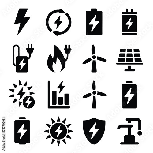 Set of 16 black and white icons representing energy and power concepts scalable vector graphics vector