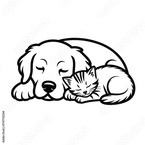 Cute dog and kitten sleeping peacefully together in a heartwarming illustration