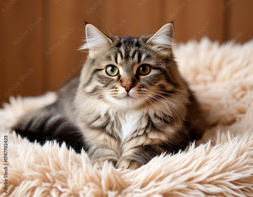Naklejka premium A cat lies on a furry cream blanket. Cute fluffy pet. Poster, sticker, card.