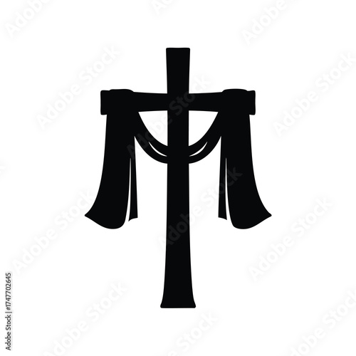 Black cross with draped fabric isolated on a white background sign