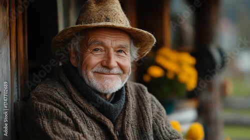 Portrait of a happy elderly man with a white beard and straw hat.