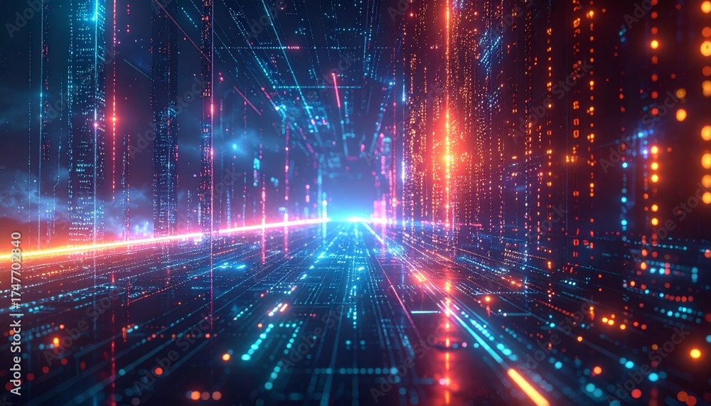 Obraz premium Bright digital energy glows as fractal realms of light and color create a vibrant motion background for a stylish celebration