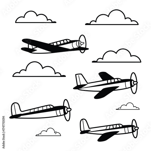 Vintage propeller airplanes flying among cartoon clouds