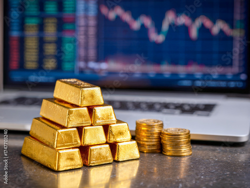 A pyramid of gold bars and stacks of gold coins sit on a dark surface, with a laptop displaying financial charts in the blurred background
